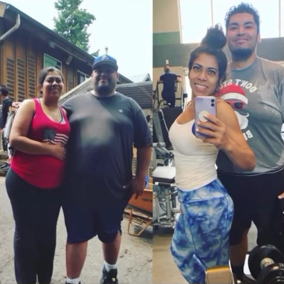 Before and after: Beatriz and Peter standing together outdoors, then together at the gym, both much leaner